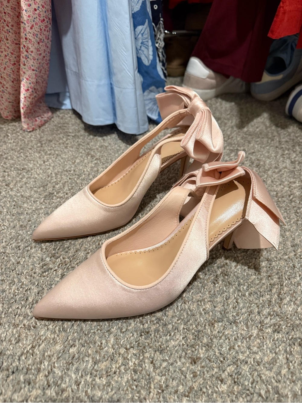 Elegant Pink Satin Pointed Toe Slingback Heels with Bow